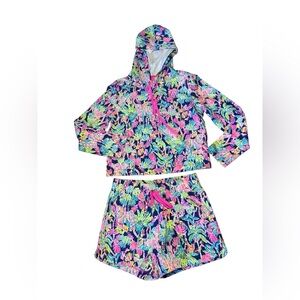 NWOT Lily Pulitzer Pryce Crop Hoodie + Kylar Knot Shorts Oyster Bay Pink Navy M
